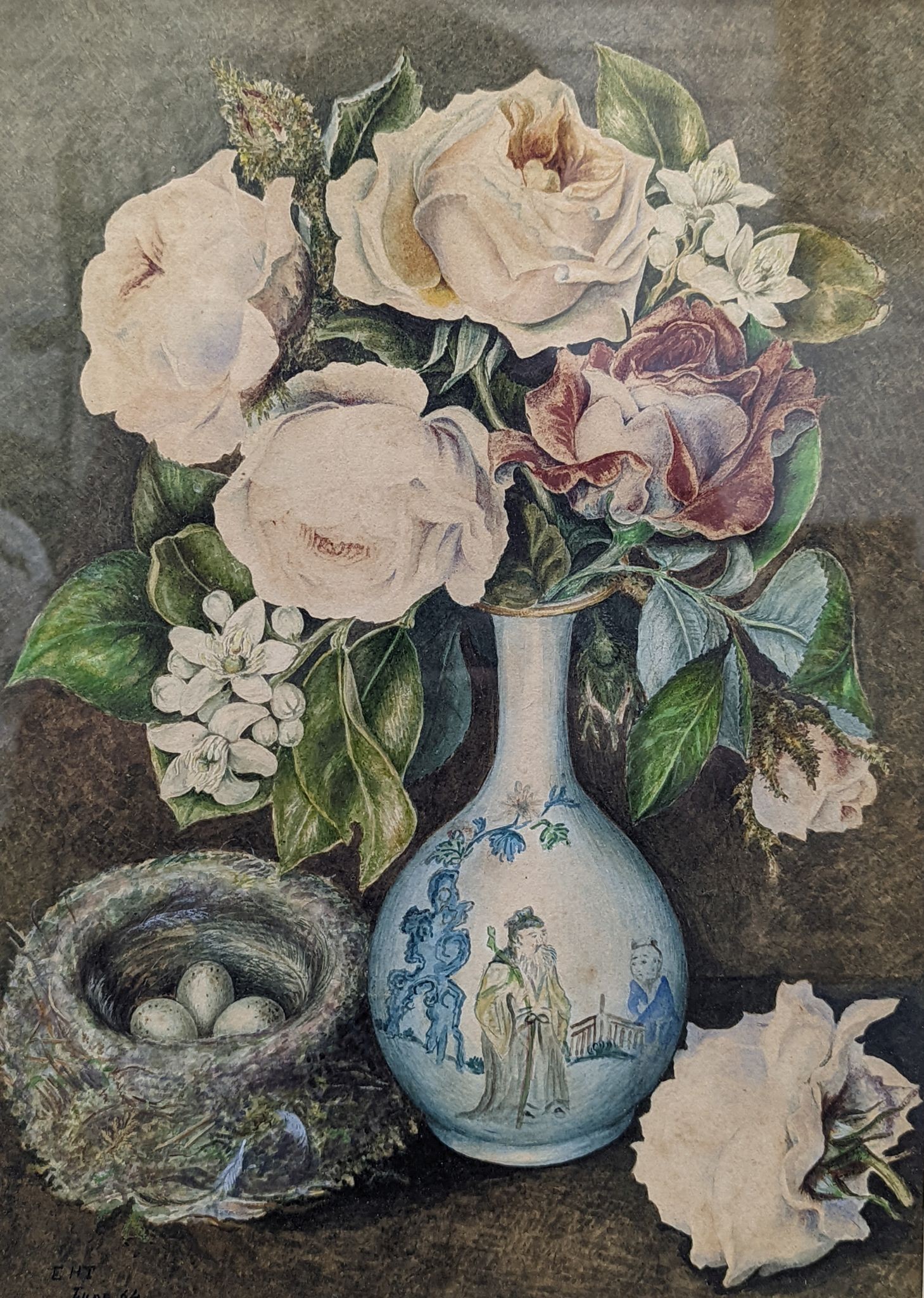 Victorian School, watercolour, Still life, roses in a vase and bird's nest, initialled E.H.T. and dated '64, 36 x 26cm